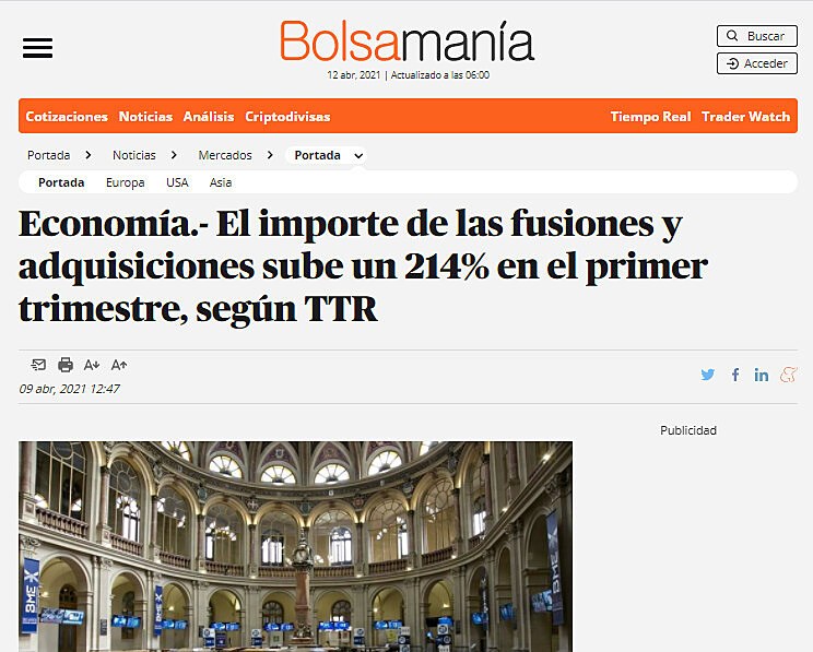 El importe de las fusiones y adquisiciones sube un 214% en el primer trimestre, segn TTR